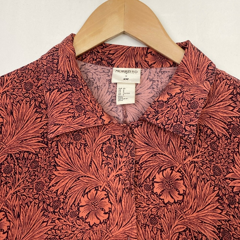 H&M x Morris & Co 8 Floral Midi Tiered Dress Marigold Print Red Navy Buttoned